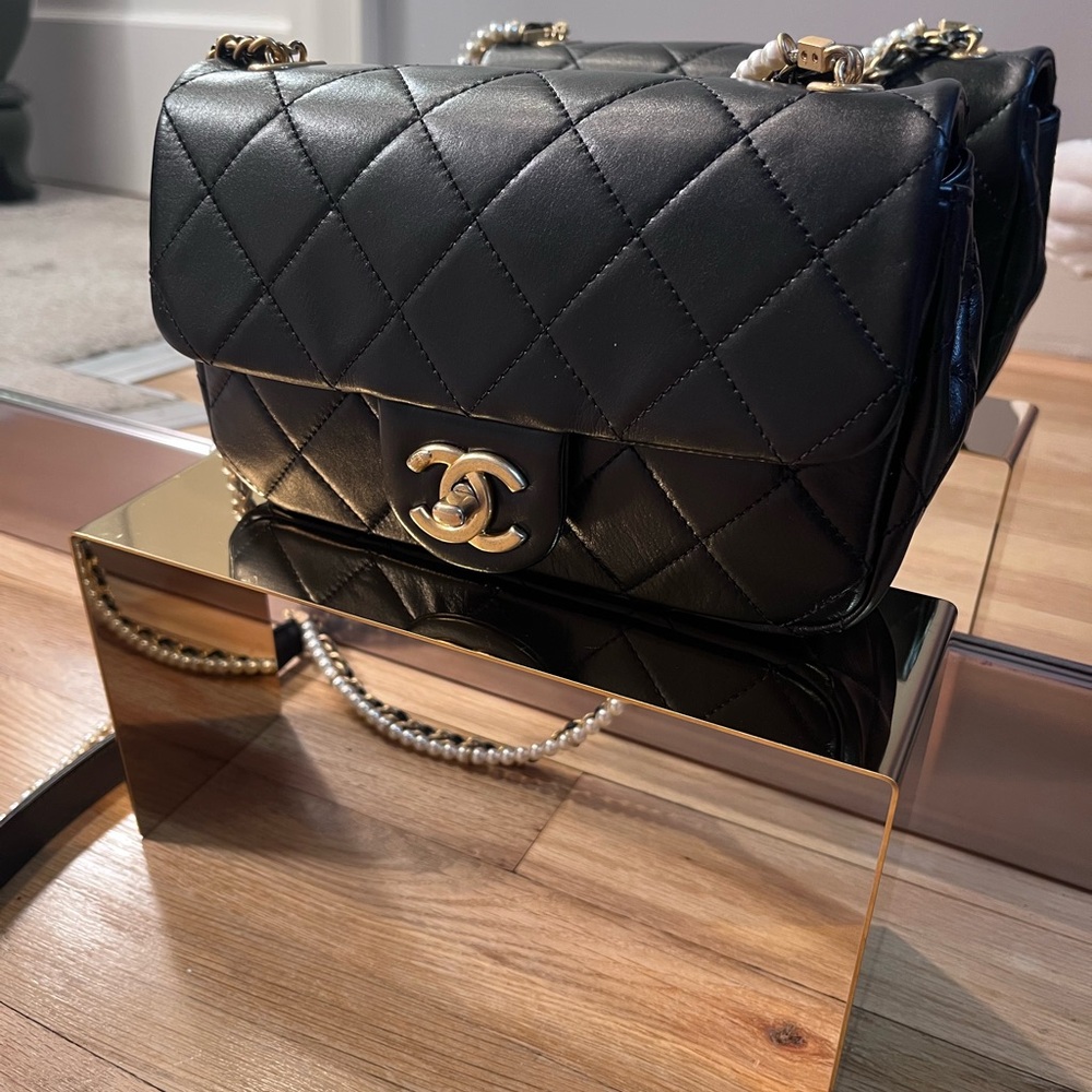 CHANEL Authentic 2021 Mini Crystal Pearls Chain Flap Shoulder Bag - Picture 5 of 17